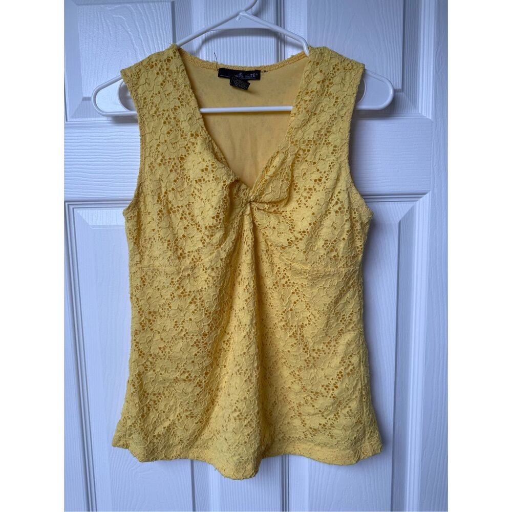 Willi Smith Tank Top Medium Women's Yellow Floral Lace Lined V Neck Blouse
